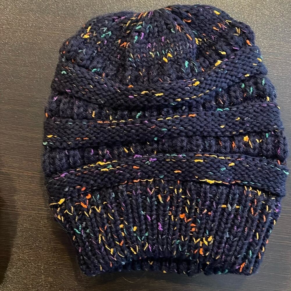 New  Confetti Beanietail Ponytail Messy Bun Ribbed Beanie Hat Cap Elastic